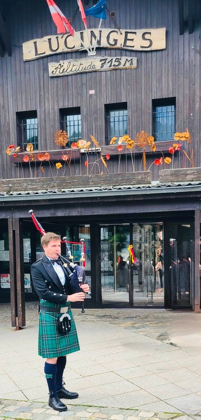 Scottish bagpiper performing for weddings and events in Switzerland.